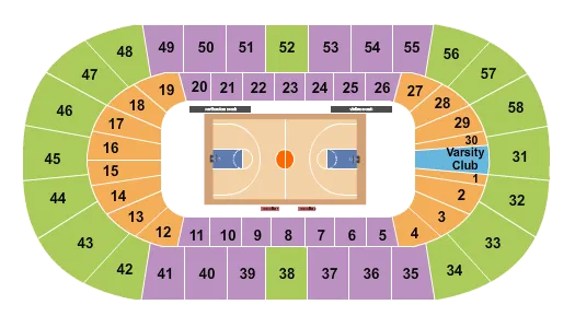 Basketball Seating Chart at Matthews Arena. The chart shows the main floor/stage with seating options surrounding it, which are color coded